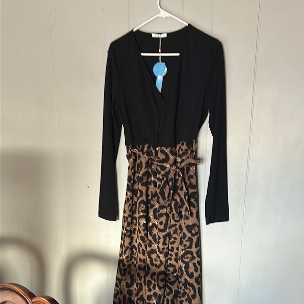 Cupshe Leopard Print Midi Dress Black Top Long Sleeve NWT Size S